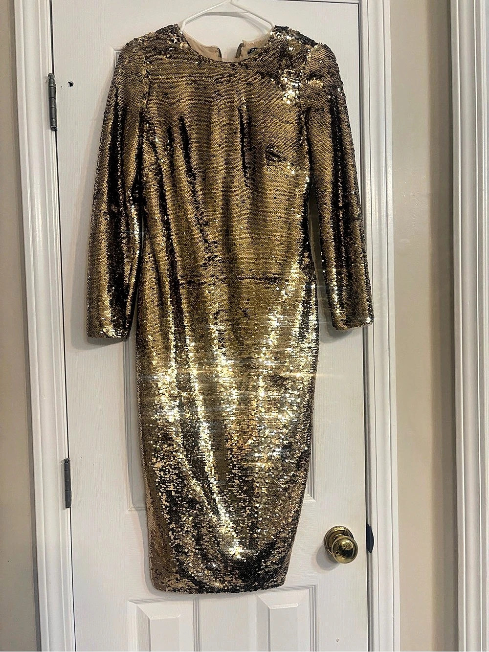 Gold Sequin Long Sleeve Midi Dress Like New